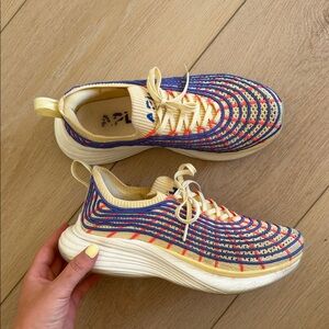 APL techloom zipline Knit Sneakers in Cream yellow and Blue